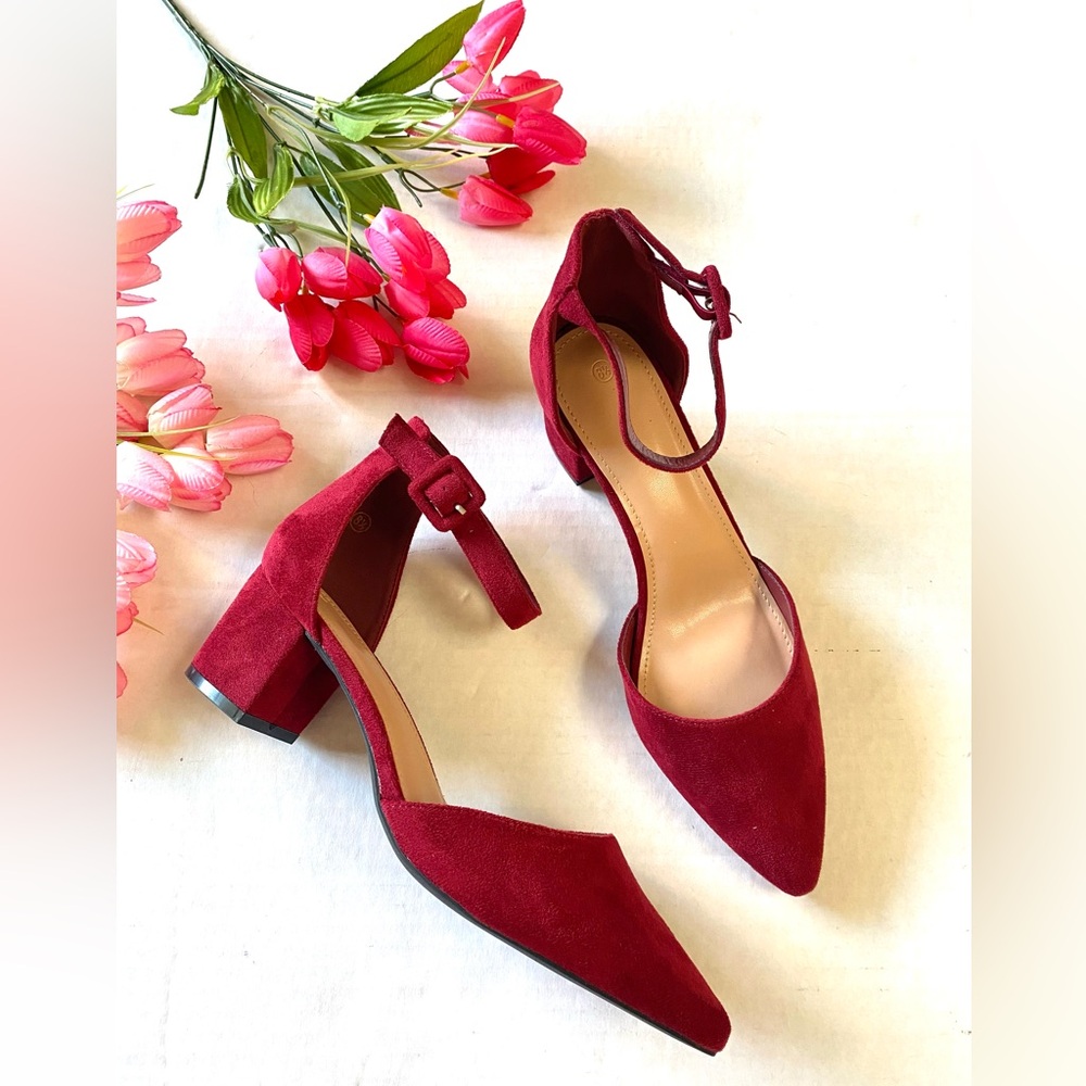 Laicigo Pointed Toe Ankle Strap Block Heels 8.5 Burgundy